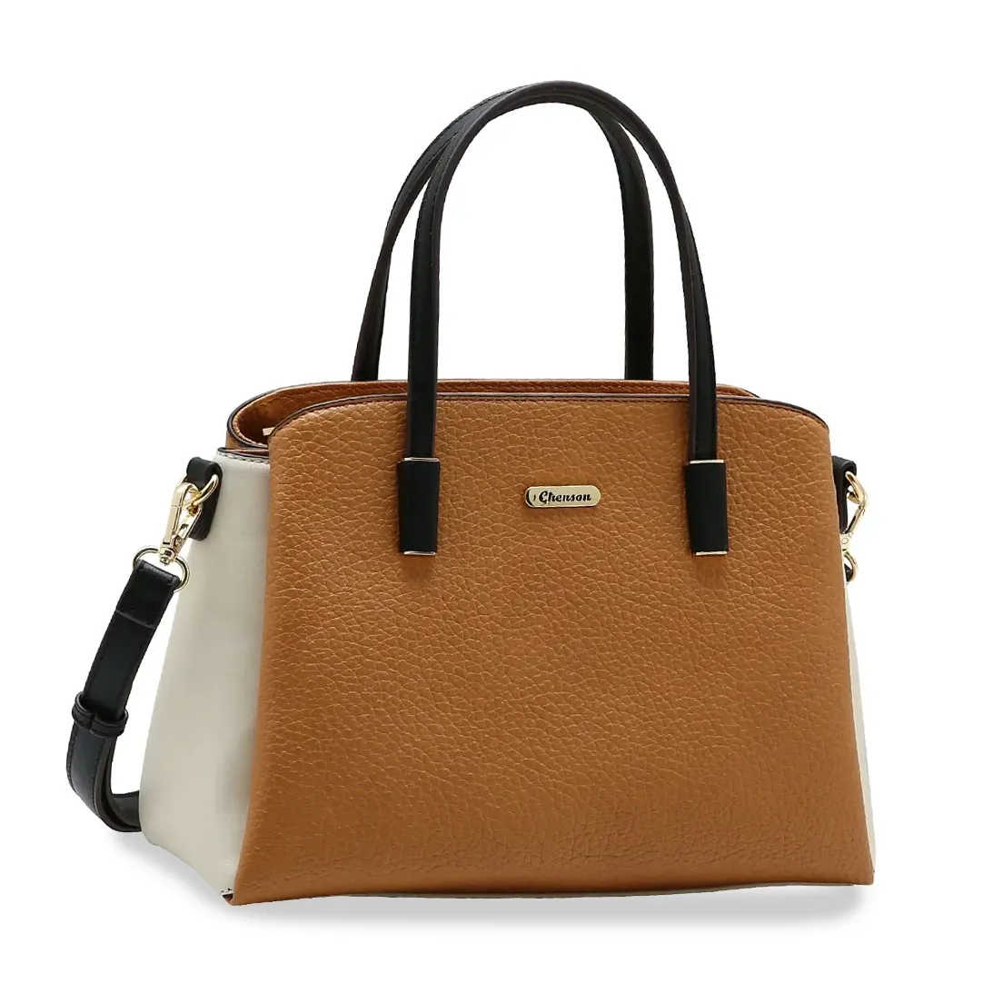 Bolsa feminina Chenson marrom com alças pretas e ferragens douradas, vista frontal direita